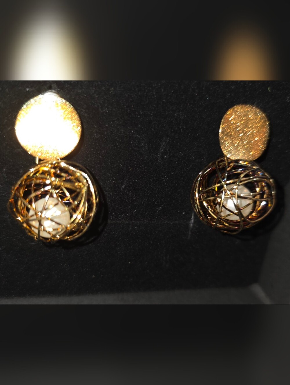 Gold Orb Basket Cage Drop Earrings with Pearl Center